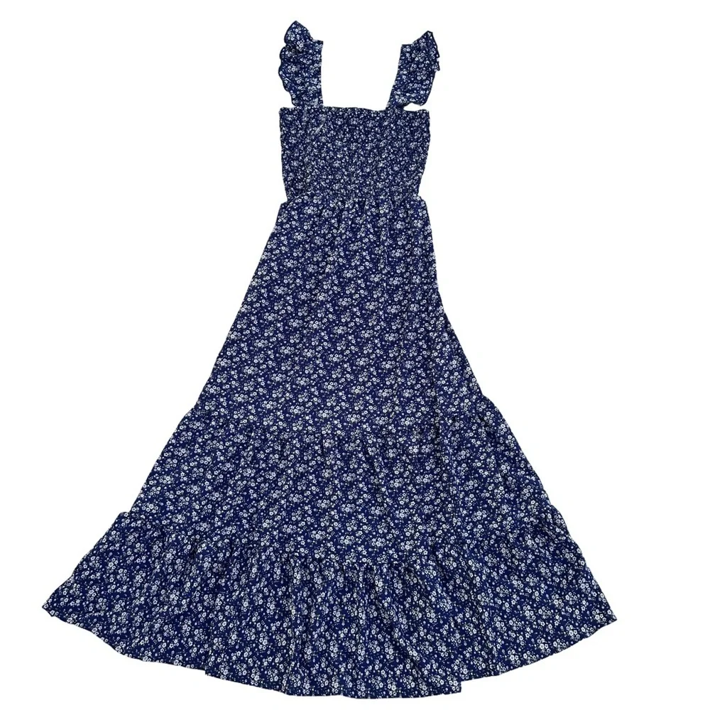 Popular 21 Women's S Blue Floral Smocked Maxi Dress Boho Spaghetti Strap - Picture 3 of 7